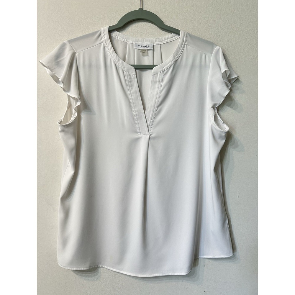 Calvin Klein Womens Large White Flutter Sleeve Split Neck Blouse Top Pleated L